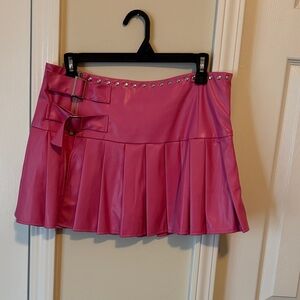 Pink Pleated Faux Leather Mini Skirt/shorts with Buckle Detail